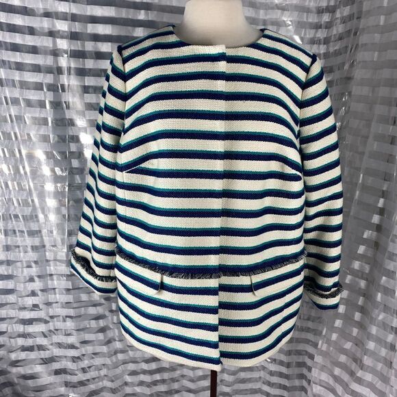 Talbots Cream/Teal/Navy Striped Fringe Adorned Jacket - Picture 1 of 6